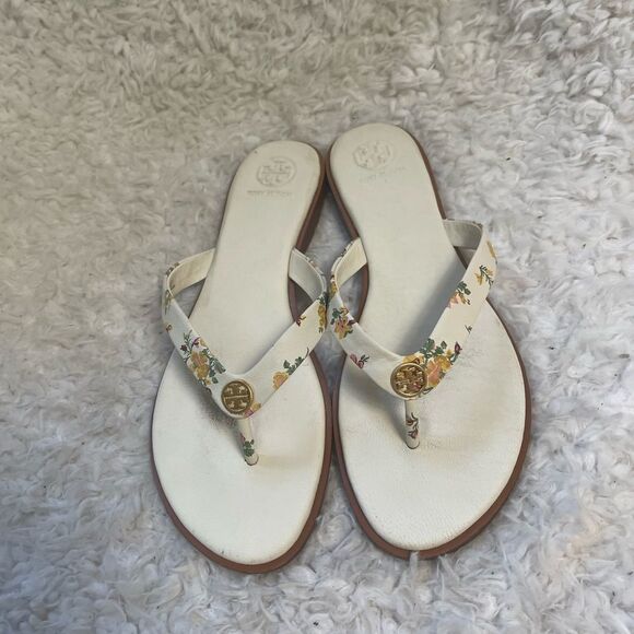 Tory Burch leather beige Floral thong Sandals gold tone logo accent SZ9 - Picture 5 of 13